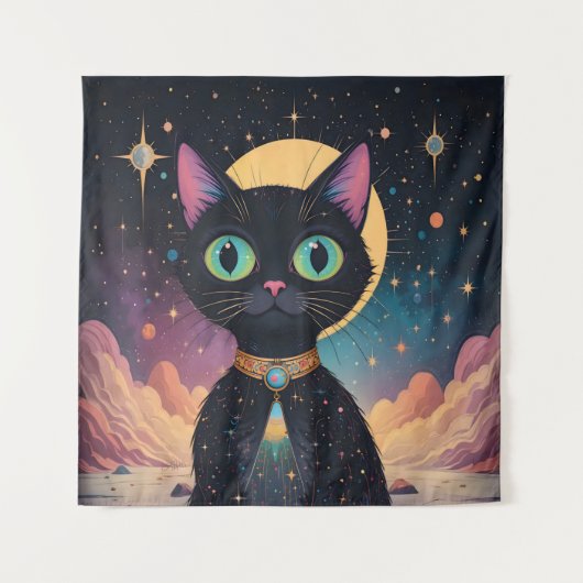 Atomic futuristische kosmische zwarte kat in het m wandkleed (Voorkant)