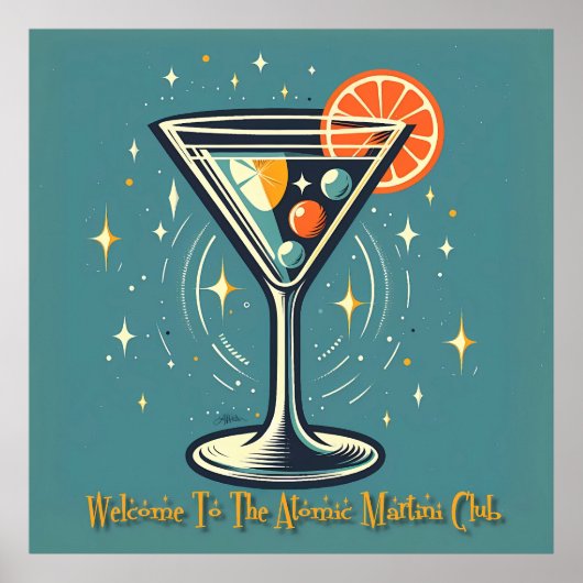 Atomic Martini Club Retro Futuristische Cocktail Poster (Voorkant)