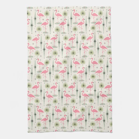 Atomic Oasis met roze flamingos Theedoek (Verticaal)