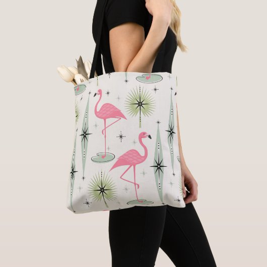 Atomic Oasis met roze flamingos Tote Bag (Dichtbij)