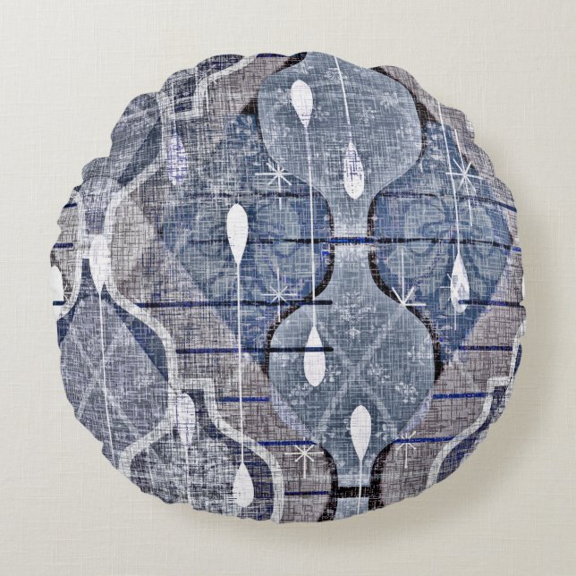 Atomic Ogee Blue Gray Modern Farmhouse Mideeuw Rond Kussen (Voorkant)