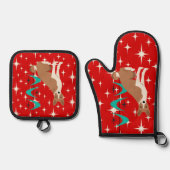 Atomic Retro Basenji Dog Red Starburst Mid Century Ovenwant & Pannenlap Set (Voorkant)