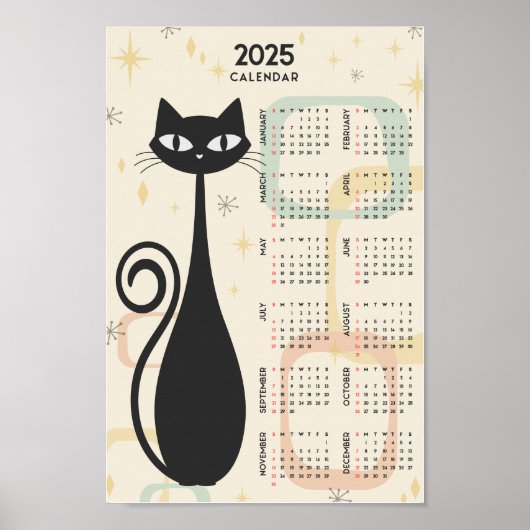 Atomic Retro Zwarte Kat Mid Century 2025 Agenda Poster (Voorkant)