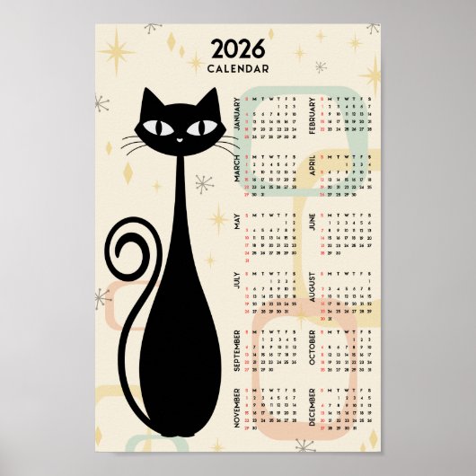 Atomic Retro Zwarte Kat Mid Century 2026 Agenda Poster (Voorkant)