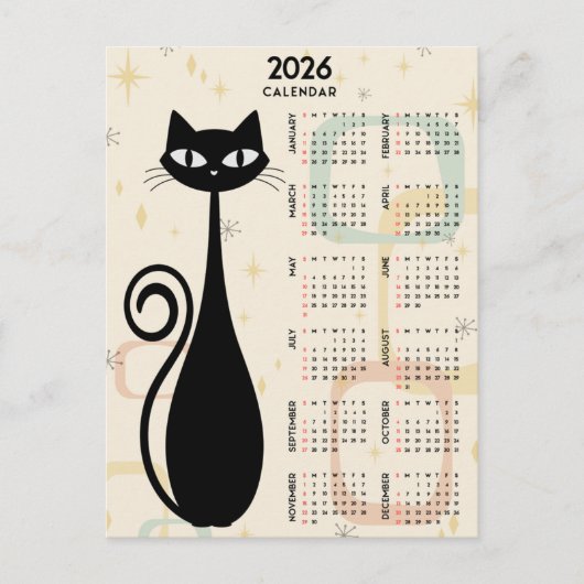 Atomic Retro Zwarte Kat Mid Century 2026 Kalender Briefkaart (Voorkant)