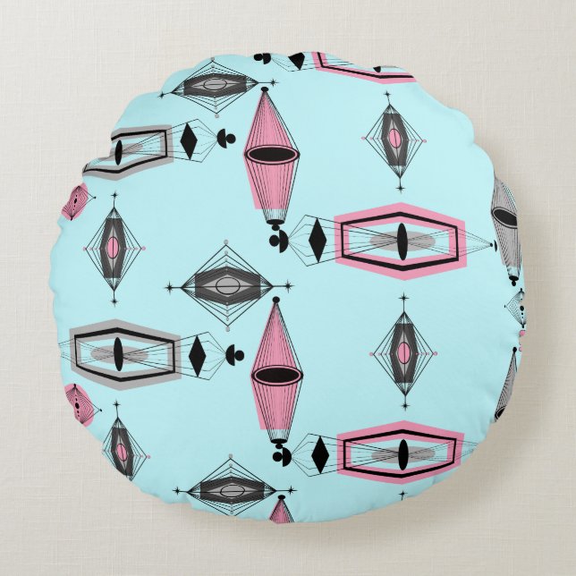 Atomic Roze & Grijs Patroon Rond Kussen (Voorkant)