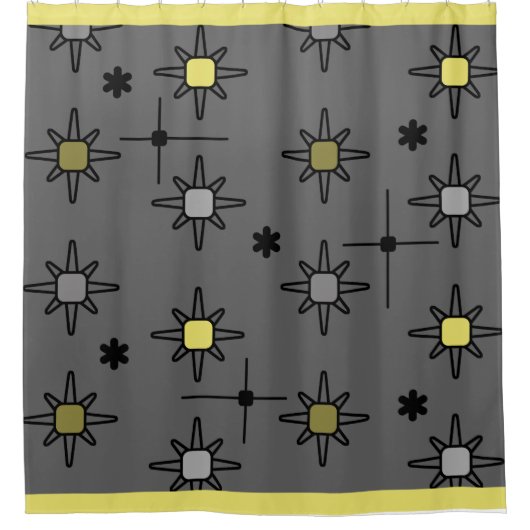 Atomic Sky Starbursts Dark Grey Yellow Douchegordijn (Voorkant)