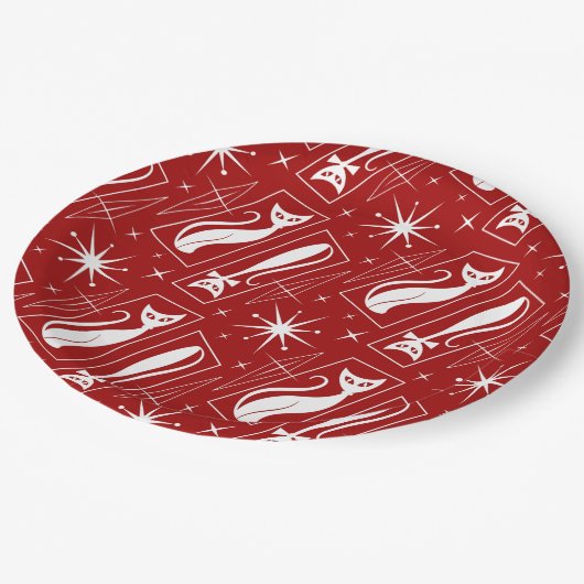 Atomic Star Cat MidCentury Moderne Kerstmis MCM Papieren Bordje (Gekanteld)