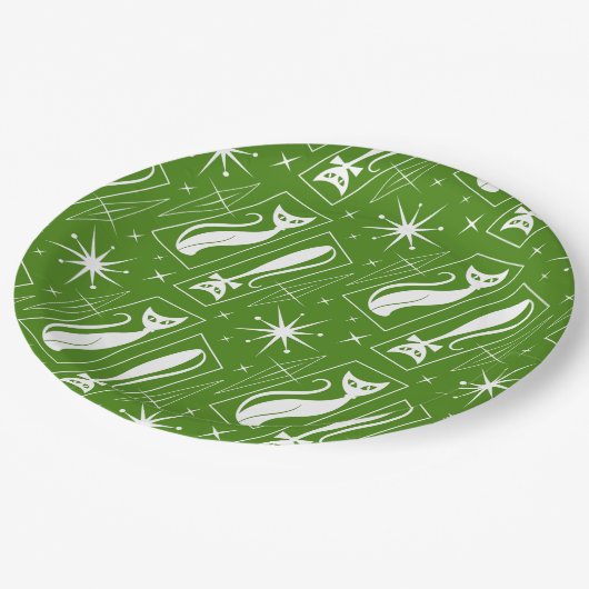 Atomic Star Cat MidCentury Moderne Kerstmis MCM Papieren Bordje (Gekanteld)