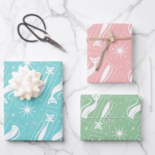 Atomic Star Cat MidCentury Moderne kerstpasta Inpakpapier Vel (Voorkant)