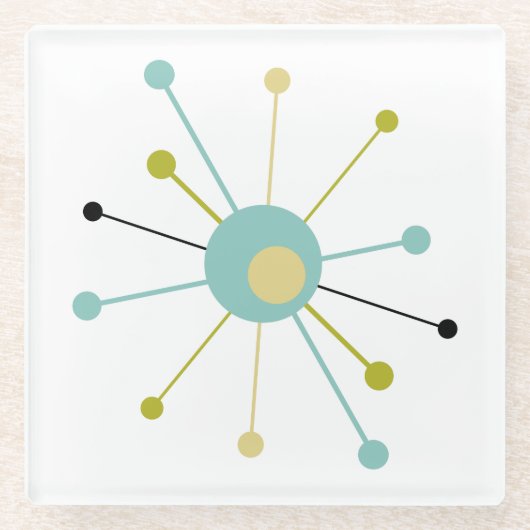 Atomic Starburst Blauw Groen Geel Midden-eeuw Glazen Onderzetter (Voorkant)