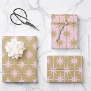 Atomic Starburst Patroon in Pastel Roze en Buff Inpakpapier Vel