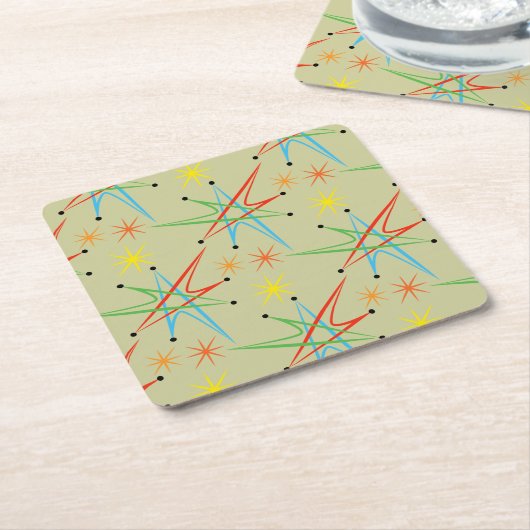 Atomic Starburst Retro Multicolored Patroon Kartonnen Onderzetters (Schuin)