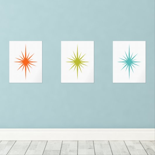 Atomic Starburst Turquoise Sinaasappel Groen Midee Muurkunst Sets (Houten vloer)
