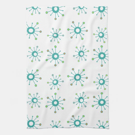 Atomic Starbursts Colorful Turquoise Theedoek (Verticaal)