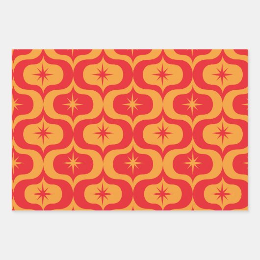 Atomic Starbursts op rode en Oranje Ogee Pattern Inpakpapier Vel (Voorkant)