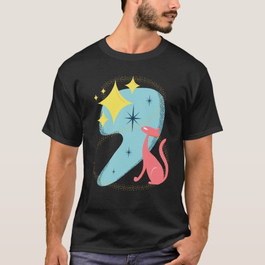 Atomic Stargazing Cat in een moderne middeneeuwse  T-shirt (Voorkant)