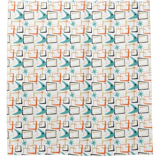 Atomic Stars Boomerang Squares Mid Century Douchegordijn (Voorkant)