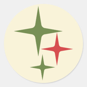 Atomic Stars Midcentury Retro Kerstrood Groen Ronde Sticker