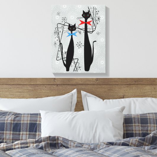 Atomic tijdperk Mid Century Modern Cool Cat Pair Canvas Afdruk (Insitu (Slaapkamer))