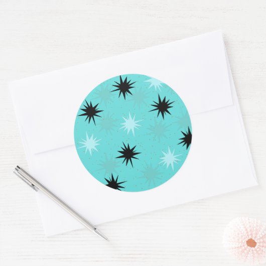 Atomic Turquoise Starbursts Round Stickers (Envelop)