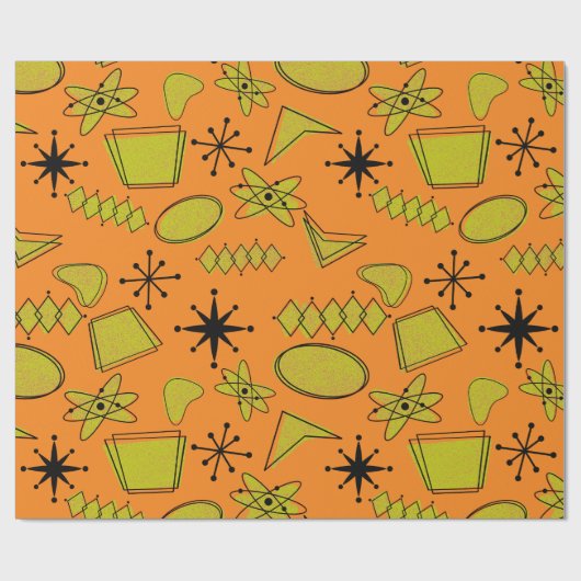 Atomic Zwart en Geel op Sinaasappel Cadeaupapier (Vlak)