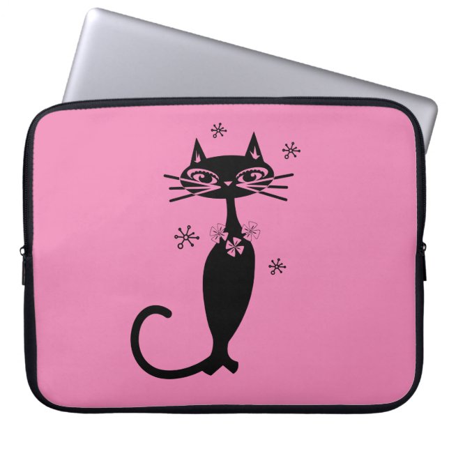 ATOMIC ZWARTE CAT RETRO LAPTOP SLEEVE 15" (Voorkant)