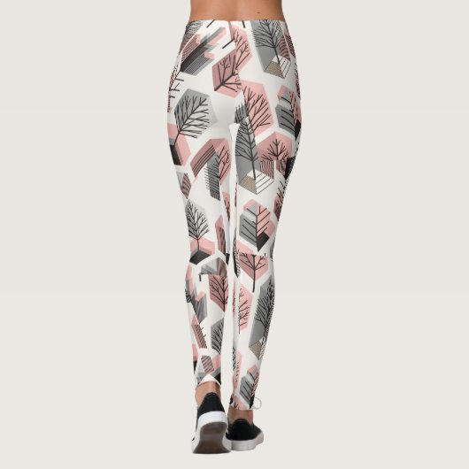 Atomisch roze grijs patchwork boom prisma patroon leggings (Achterkant)