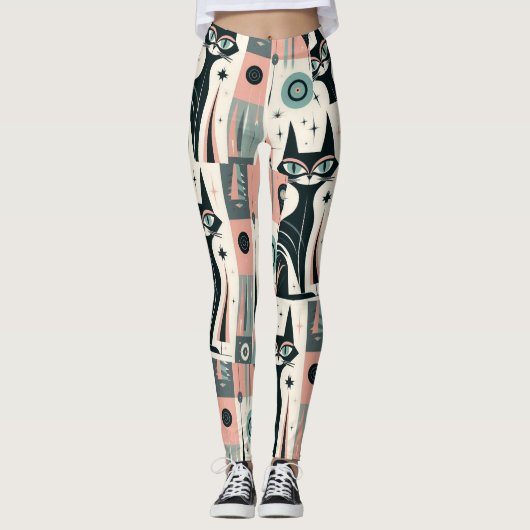 Atomisch roze turquoise mid-century kattenpatroon leggings (Voorkant)