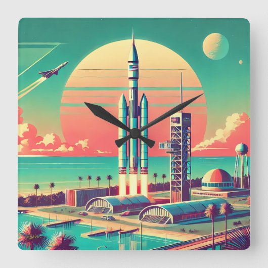 Atomische Futuristische Nieuwe Florida Lanceerloca Vierkante Klok (Voorkant)