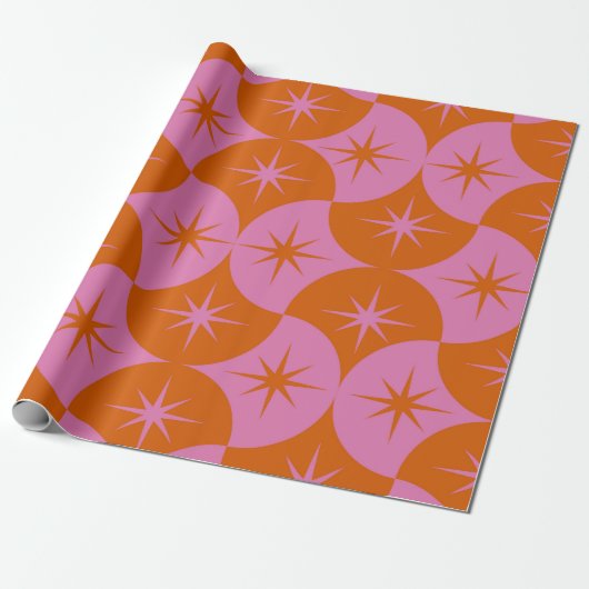 Atomische Starbursts op Roze Oranje Scallop Shapes Cadeaupapier (Uitgerold)