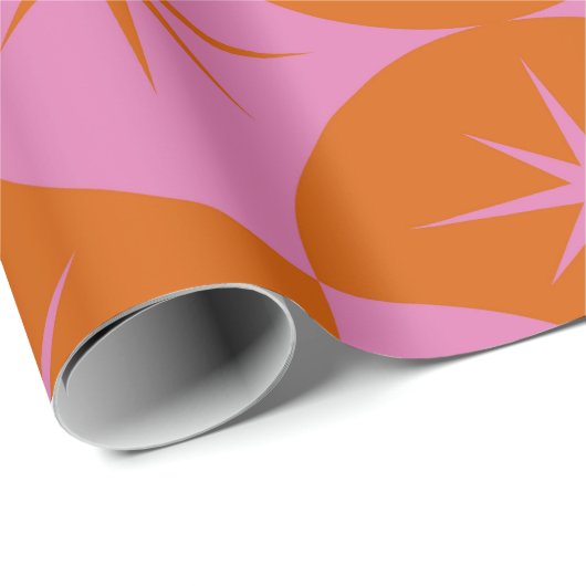 Atomische Starbursts op Roze Oranje Scallop Shapes Cadeaupapier (Rol Hoek)