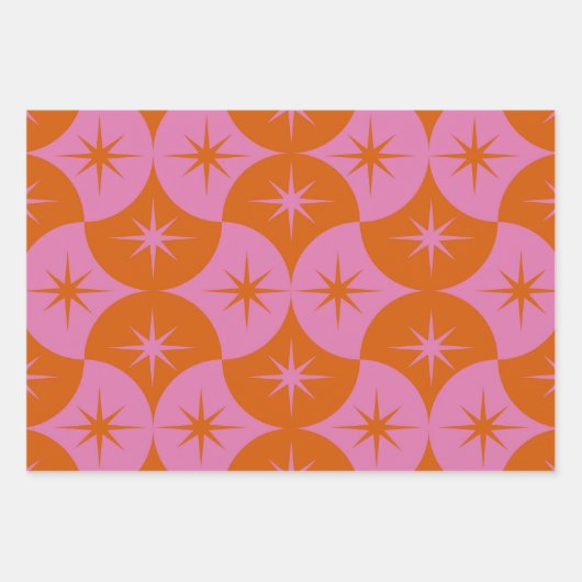 Atomische Starbursts op Roze Oranje Scallop Shapes Inpakpapier Vel (Voorkant)