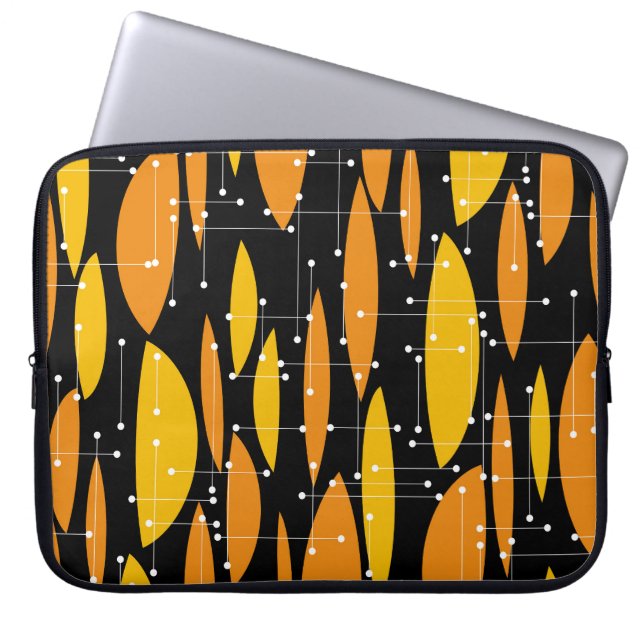 Atomische stijl, zwart oranje geometrisch patroon. laptop sleeve (Voorkant)
