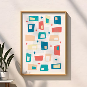 Atomische Tijd Mid Century Modern Blokken Blauwe P Poster