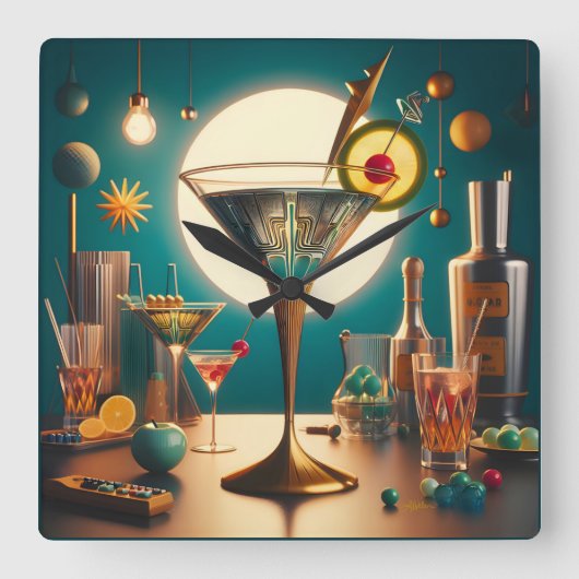 Atomistische Futuristische Printplaat Martini Vierkante Klok (Voorkant)