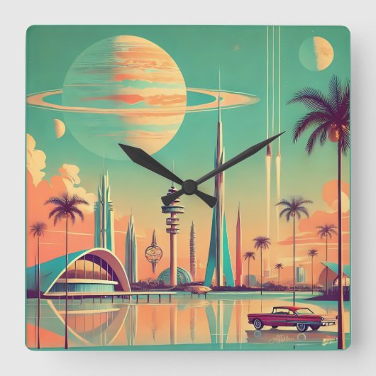 Atoom Futuristisch New Florida Vierkante Klok (Voorkant)