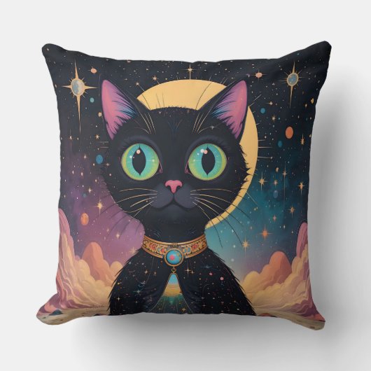 Atoom Futuristische Kosmische Zwarte Kat in Manesc Kussen (Voorkant)
