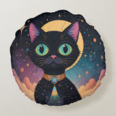 Atoom Futuristische Kosmische Zwarte Kat in Manesc Rond Kussen (Achterkant)