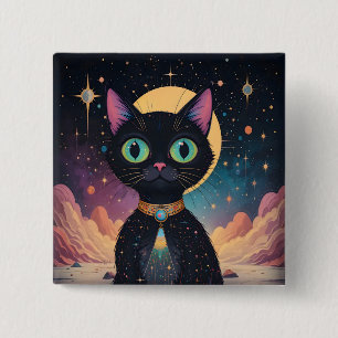 Atoom Futuristische Kosmische Zwarte Kat in Manesc Vierkante Button 5,1 Cm