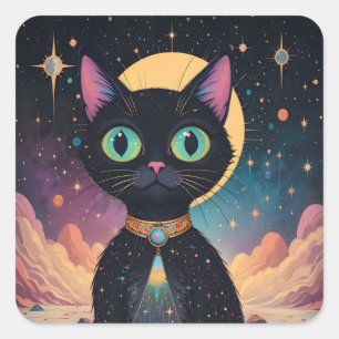 Atoom Futuristische Kosmische Zwarte Kat in Manesc Vierkante Sticker