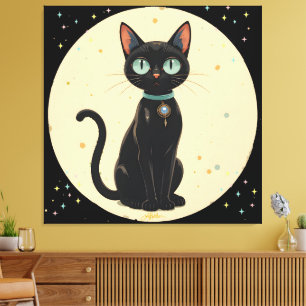 Atoom Futuristische Zwarte Kat Maan Canvas Afdruk