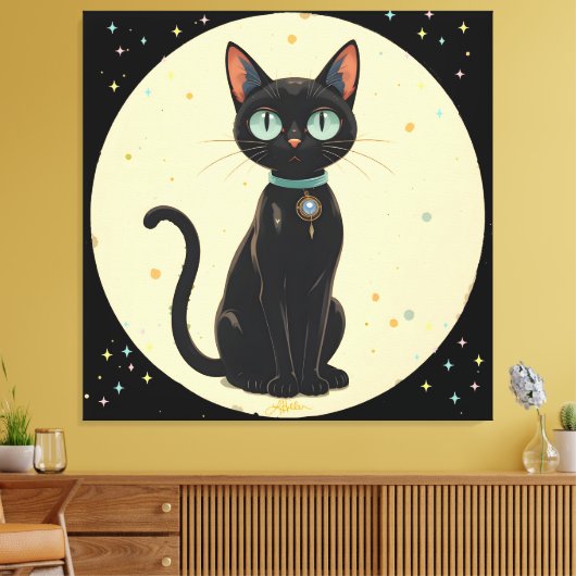 Atoom Futuristische Zwarte Kat Maan Canvas Afdruk (Insitu (Woonkamer))