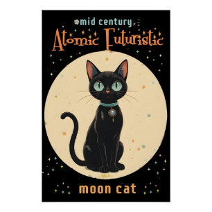Atoom Futuristische Zwarte Kat Maan met tekst Perfect Poster