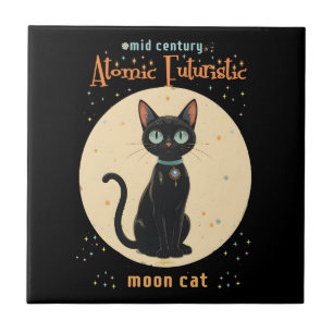 Atoom Futuristische Zwarte Kat Maan met tekst Tegeltje