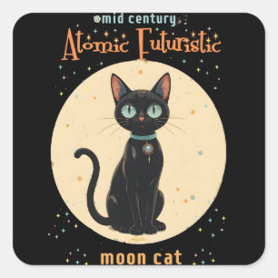 Atoom Futuristische Zwarte Kat Maan met tekst Vierkante Sticker
