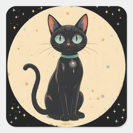 Atoom Futuristische Zwarte Kat Maan Vierkante Sticker (Voorkant)