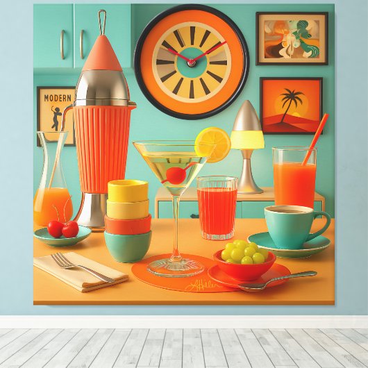 Atoom Retro Futuristische Martini Breakfast Bar Canvas Afdruk (Insitu (Houten vloer))