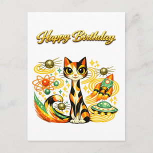 Atoom Space Age Sci-Fi Schotse Kat Gelukkige Verja Briefkaart