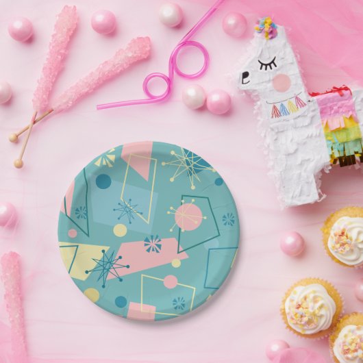 atoomretrospectief van 1950 in Blauwgroen en roze Papieren Bordje (Feest)